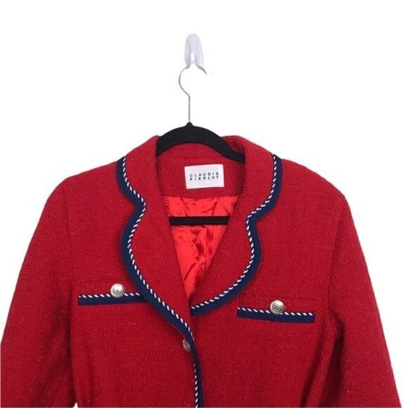 Claudie Pierlot Red Gamin Contrast Trim Tweed Coat Jacket Size 4 - Picture 6 of 15